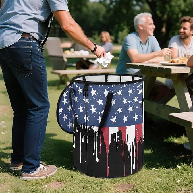 Retro American Flag Collapsible Trash Can 24 Gallon Foldable Garbage Bin with Lid, Heavy Duty Waterproof Trash Bag Holder for Outdoor Camping, RV, Picnic, Vintage Patriotic Design