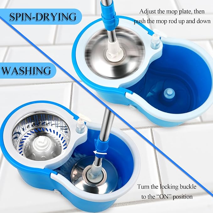 Spin Mop and Bucket System with Stainless Steel Wringer, 3 Mop Heads | Microfiber Spin Mop and Bucket System with Stainless Steel Wringer, 3 Mop Heads & 61" Telescoping Handle