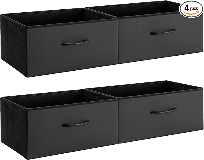 StorageWorks Black Storage Bins, Leather Storage Baskets, Large, 4-Pack | Reinforced Handles, Faux Leather Front, Non-woven Fabric, Collapsible, Space-Saving, Closet Organizers and Storage Bins