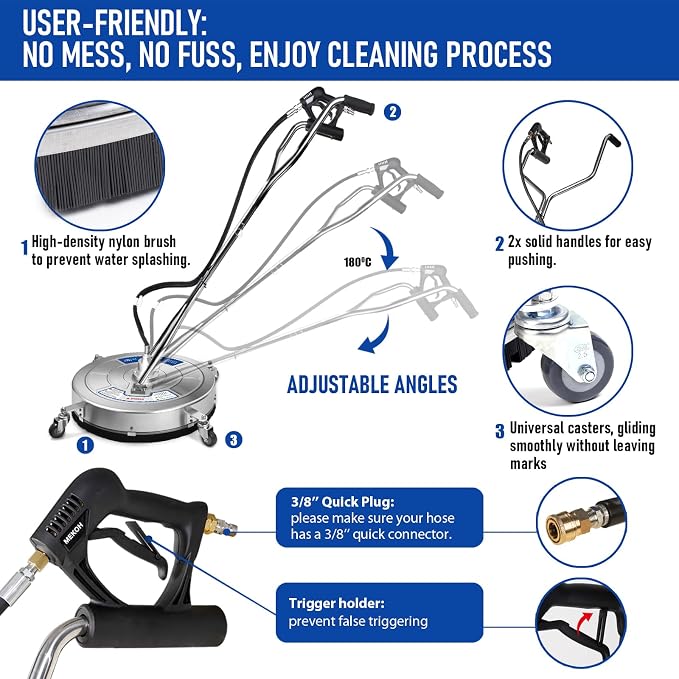 MEKOH 24'' Large Pressure Washer Surface Cleaner, 4500PSI Commercial Grade | Stainless Steel Power Washer Attachment for Driveway Patio Deck Concrete Cleaning, Dual-Handle & Wheels, 3/8'' Quick Connect