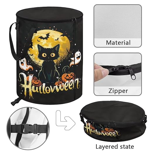doginthehole Halloween Decorations Collapsible Trash Can with Lid Cute Black Cat Pumpkin Garbage Can Waterproof Portable Waste Bin for Camping, Yard, Picnic, Patio Halloween Party Supplies Fall Decor