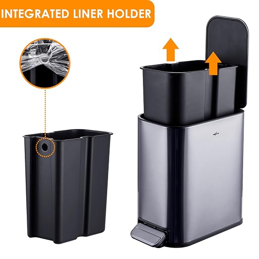 RED FACTOR Slim 1.3 Gallon Stainless Steel Pedal Trash Can with Soft Close Lid for Narrow Spaces – Small Wastebasket Bin with Removable Inner Bucket (Metallic Grey)