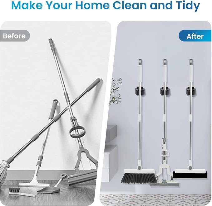 Broom Holder Wall Mount, 7PCS Broom Hanger Wall Mount, Stainless Steel Heavy Duty Mop Holder Broom Mop Hanger Wall with Screws, Garden Outdoor Tool Organizer Rack Broom Hanger (Black)