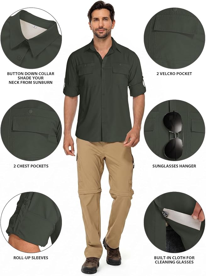 linlon Men's Safari Shirt UV Sun Protection Long Sleeve Hiking Travel | Button Down Mesh Back Vents UPF 50+ Quick Dry Breathable Cool Lightweight Outdoor Travel Fishing Gardening Clothes