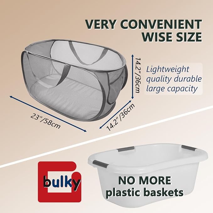 Collapsible Laundry Hamper Basket,Pop Up Mesh Foldable Bag for Laundry Room | folding horizontal laundry durable baskets with handles & side pocket travel for bathroom,Kids room,college dorm(Double Grey)