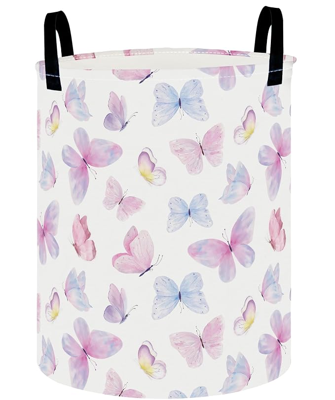 Collapsible Round Storage Basket, Soft-Sided Organizer with Waterproof Coating, Foldable Bin for Clothes,Laundry Basket, Nursery Hamper, Gift Baskets(Pink Watercolor Butterfly)