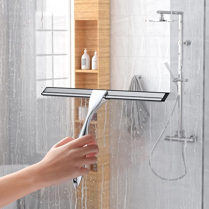 Shower Squeegee Set, 10-Inch Stainless Steel Squeegee for Bathroom, Shower Doors, Mirrors, Tiles, and Car Windows - 100% Streak Free, Includes Shower Door Hook, Adhesive Hook and Spare Silicone Blade