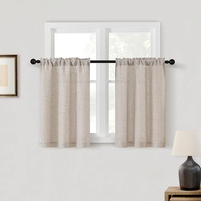 30 Inches Kitchen Curtains 2 Panels Light Coffee Tan Beige Linen | Privacy, Short Drapes, for Cafe Bathroom RV, Small Window Curtain, 30 Inch Length, Rustic Farmhouse Boho Curtains, W25xL30