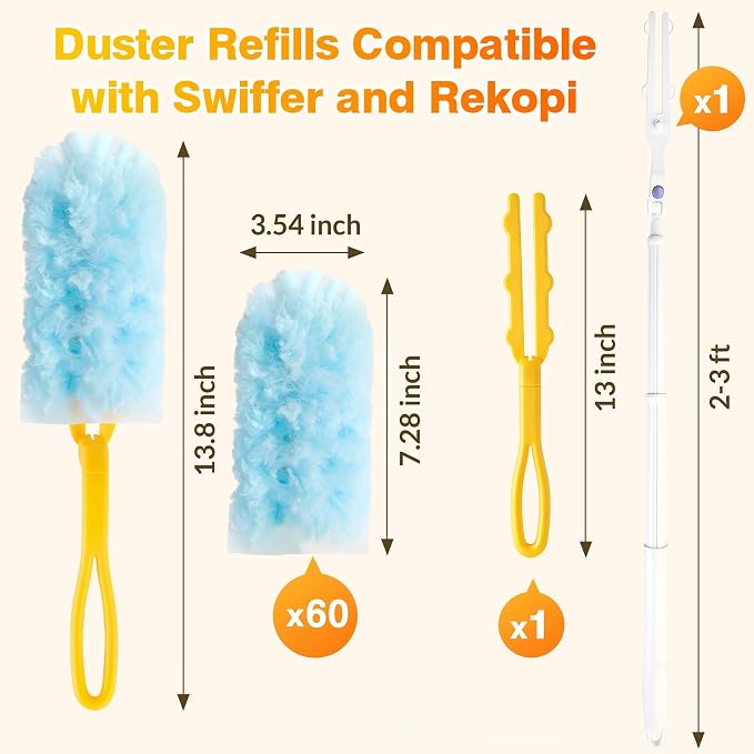 60ct Duster Refills for Swiffer Duster with 3ft Extension Pole & Short Grip | Heavy Duty 360° Disposable Dusters, Multi Surface Dusters for Cleaning Ceiling Fans, Furniture, Blinds & Hard-to-Reach Areas
