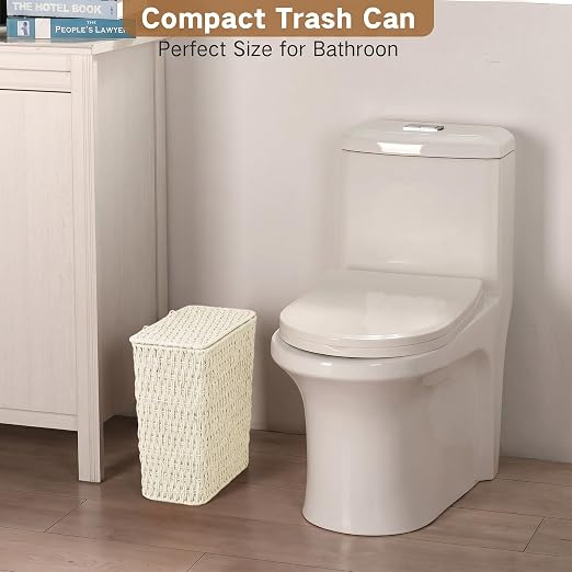 iEGrow Paper Rope Trash Can,Bathroom Trash Can with Lid, 3 Gallon Wicker Waste Basket with Removable Liner, for Bedroom, Living Room, Toilet, Under Sink Creamy White