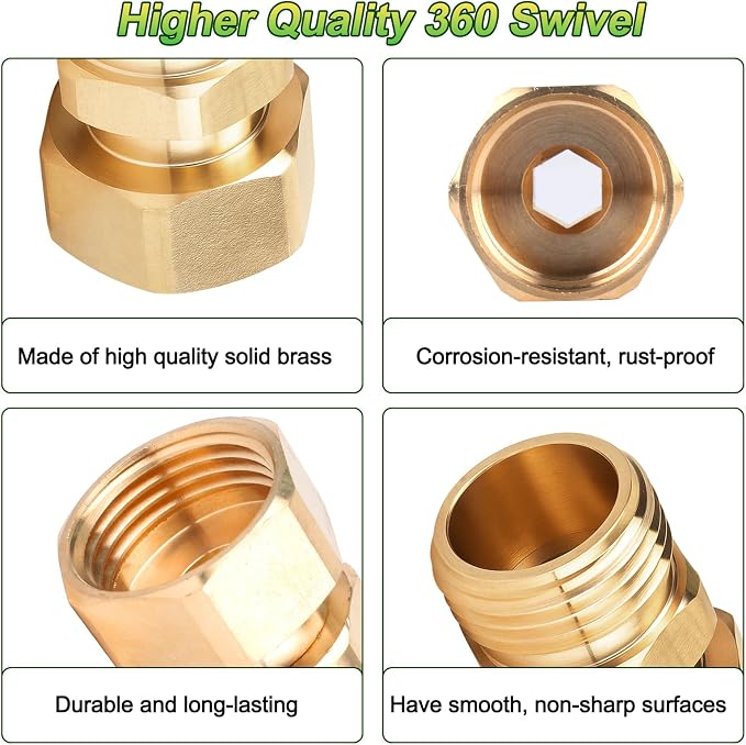 3/4 Garden Hose Swivel Connector 360° Female to Male Hose Adapter Brass | Garden Hose Swivel Adapter 3/4 Inch For Hose Nozzle Swivel Connector Fitting with Washer and PTFE Tape - 2 Pack