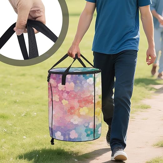 Watercolor Flower Pop up Camping Trash can with lid Collapsible 24 Gallons Trash can with Sorting Clips,Garden Garbage Bag with Lid,Lawn and Leaf Bags - Reusable Yard Waste Bags