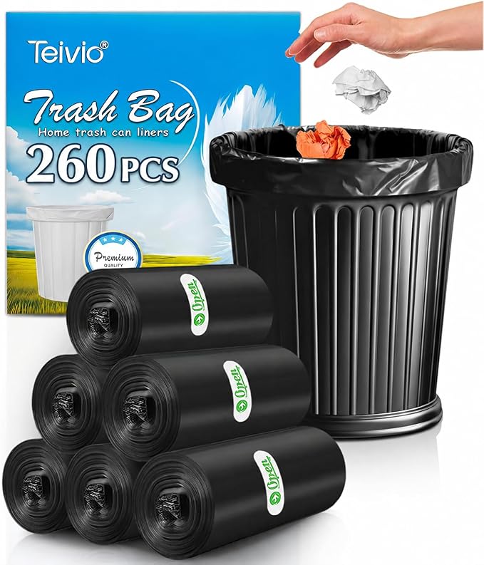 Teivio 3 Gallon 260 Counts Small Trash Bags Garbage Bags, Bathroom Trash Can Bin Liners, Small Plastic Bags for Home Office Kitchen (Black)