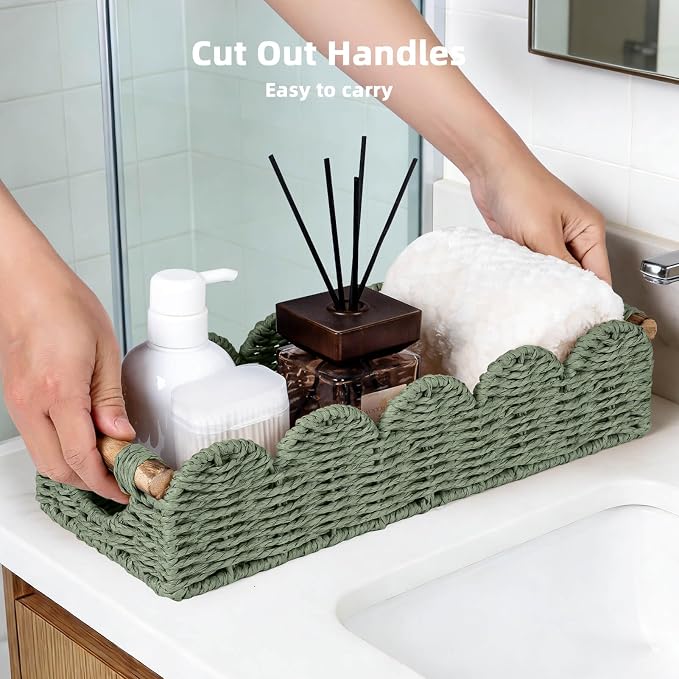 CubesLand Bathroom Basket Organizer, Toilet Decor Basket W/Cut Out Handle | Wicker Toilet Paper Storage Basket Tray, Scalloped Basket for Bathroom Countertop Decorative Also for Home Decor, Green