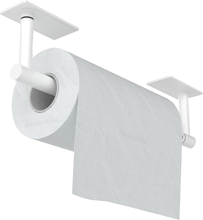 White Paper Towel Holder Under Cabinet Self Adhesive or Wall Mount | 304 Stainless Steel Post Pivoting Design No Drilling for Kitchen, Bathroom Waterproof & Rustproof, Square Base