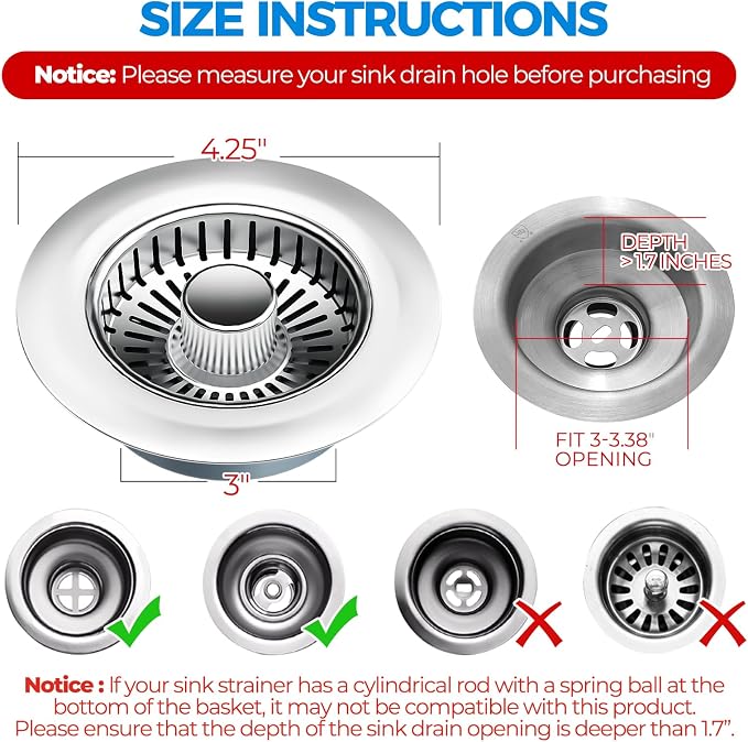 zaa 3 in 1 Kitchen Sink Drain Strainer Stopper Removable Basket Pop-Up | Kitchen Sink Accessories 1 Pack Brushed Silver Stainless - Food Catcher, Odor-Blocking Seal, Fits 3.5" Drain