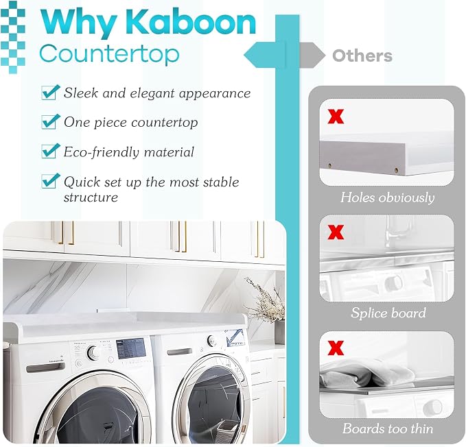 Washer Dryer Countertop, Melamine Countertop with Edge Rails - 27.5" Depth x 54" Width Laundry Room Organization, White Rock