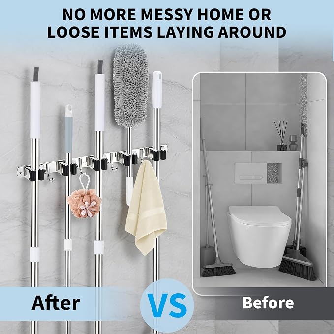 Mop and Broom Hanger Wall Mounted, 5 Racks and 4 Hooks, Storage Organiser (1, Black, 5)