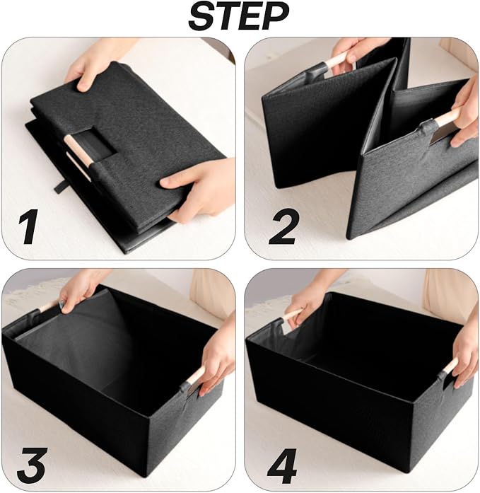 Fabric Storage Box, 16x12in Foldable Cotton Linen Basket with Wooden Handle | Large Rectangular Cube Decorative Home Laundry Organizer Clothes Blanket Container Organizing Clothes Sheets Jeans, Black