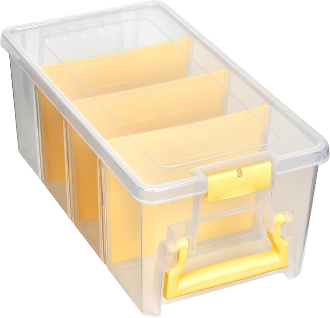 ArtBin Semi Satchel Craft Organizer with 3 Dividers, Yellow Accents | 3 Removable Dividers, 15.2 x 8 x 6.2 Inches, Secure Latches, Carry Handle, Clear Durable Polypropylene