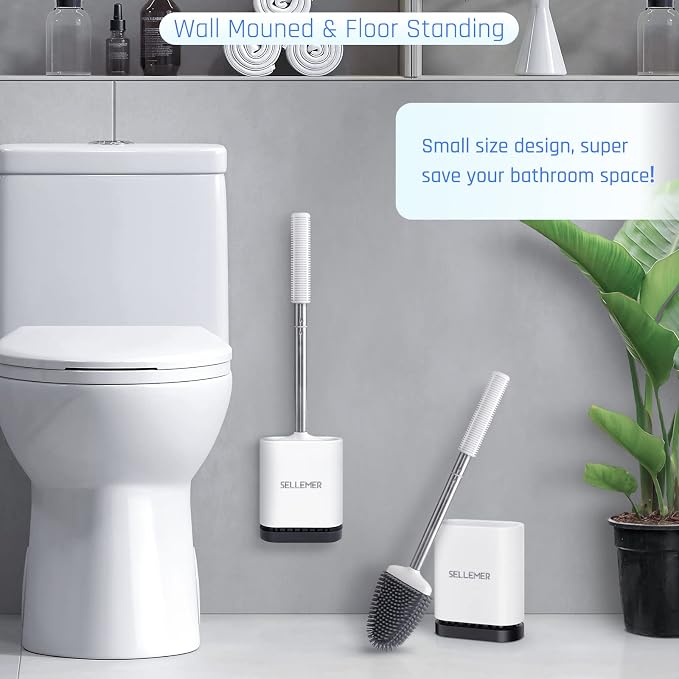 Silicone Toilet Brush, Ventilation Slots Base Holder 1 Pack, White | Flexible Bristles Flat Head for Rim, Hair Tangle-Free, Easy to Clean, Compact Design, Rustproof Handle, for Toilet/Sink/Tub