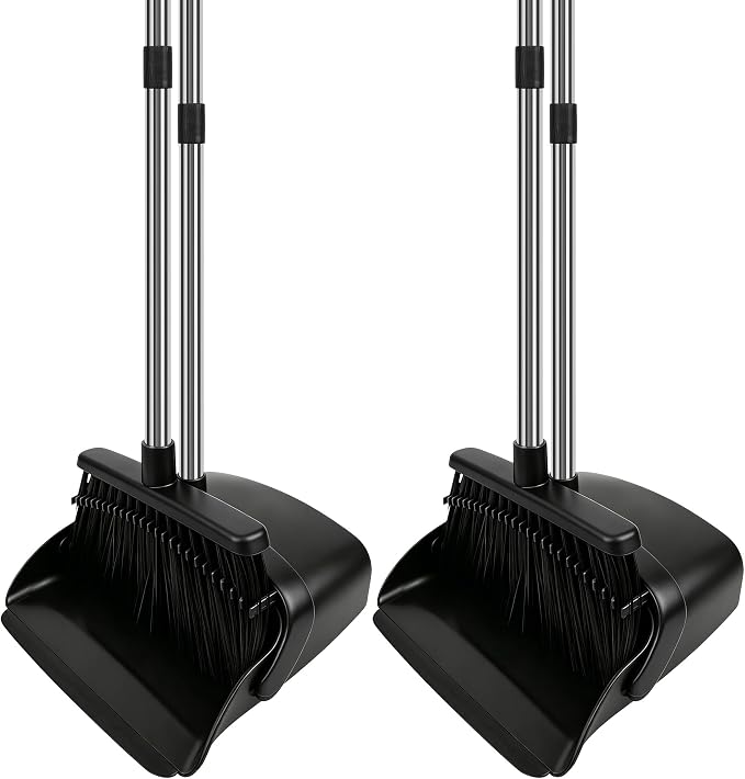Black Broom and Dustpan Set 2 Pack, Long Handle Floor Cleaning | Self-Cleaning Comb Teeth, Upright Storage, Indoor Outdoor Sweeping for Home, Kitchen, Garage and Pet Areas