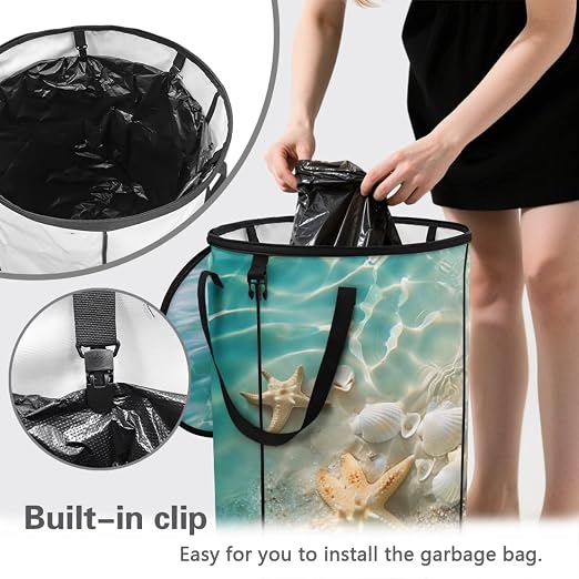 Beach Starfish Shell Pop up Outdoor Garbage Can 24 Gallon Collapsible Camping Trash Can with Zipper Lid Reusable Heavy-Duty Polyester Trash Bin for Campsites Boat Backyard Parties