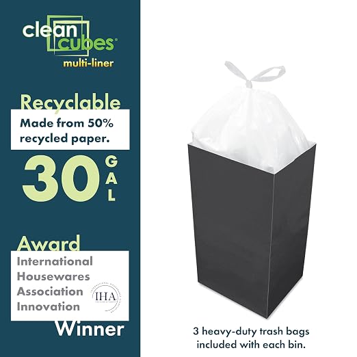 Clean Cubes 30 Gallon Multi-Liner Pop-Up Trash Cans, 3-Pack (Black) | 3 Stacked Liners Per Bin, 9 Uses Per Pack, Swap Liners Without Touching Trash, No Assembly, Designed to Be Seen, Not Hidden
