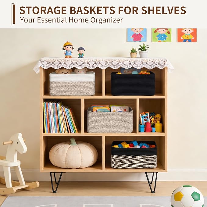 Goodpick 4 Pack Storage Baskets for Organizing Shelves, Gray & White | 13" x 8" x 6" Woven Rope Baskets for Baby Toys & Books, Shelf & Closet Organization, Stylish Gift Basket for Home Decor