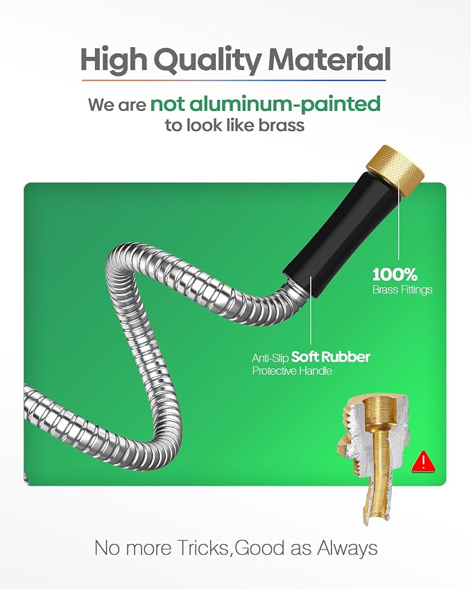 Non-Expandable Metal Garden Hose 30 Feet with Sprayer Nozzle, Flexible, No Kinking, Lightweight & Heavy Duty Water Pipe, Stainless Steel Outdoor Water Hose for Yard 30 ft, Male to Female Connector