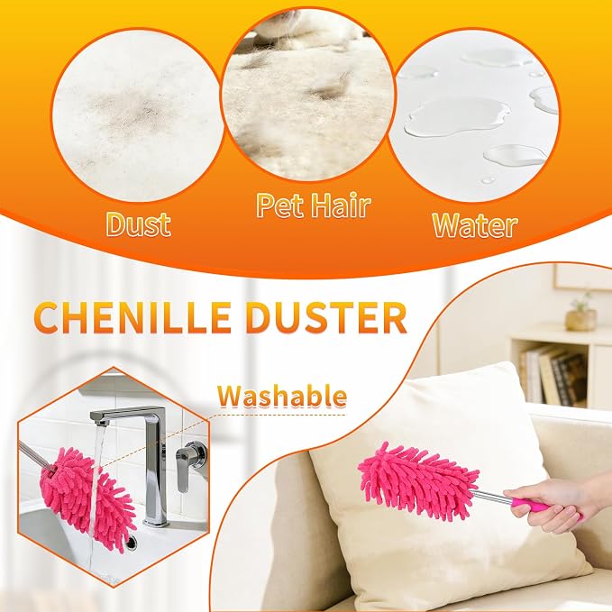 Hand Duster for Cleaning, 360° Bendable Duster with Telescoping Extension Pole, Extendable Washable Mini Dusters for Home, Office, Car, Furniture (2 Pack Red)