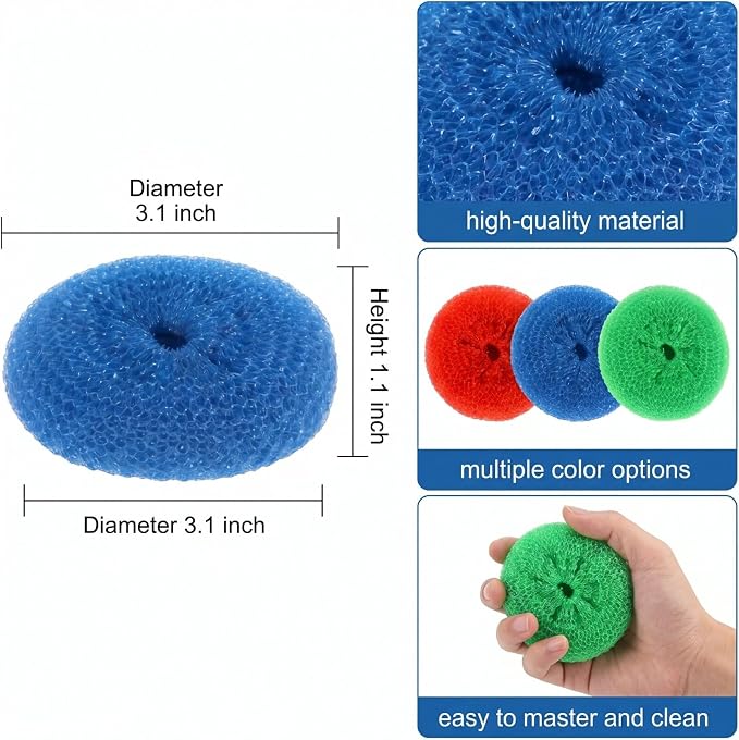 Blulu 15 Pcs Plastic Dish Scrubbers, Nylon Mesh Pads, Primary Colors | Round Scouring Pads, Non Scratch Kitchen Use, Safe on Nonstick Cookware Pots Pans, Durable Mesh Design Ideal with Dishes