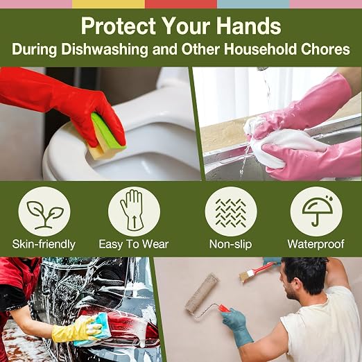 Kitchen Dish Washing Gloves 5 Pairs Rubber Cleaning Reusable Gloves Large | Colorful Dish Gloves, Non-Slip Grip, Household Gloves, 12.6-Inch Cuff, Soft Skin-Friendly Rubber, Multi-Use, Long-lasting