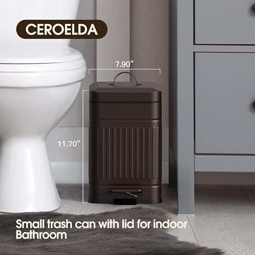 CEROELDA Small Trash Can with Lid-5L/1.3 Gal,Stainless Steel Outdoor Dog Poop Garbage Can-Farmhouse Retro Metal Waste Bin w/Step Pedal for Bathroom Bedroom Office-Soft Close-Brown