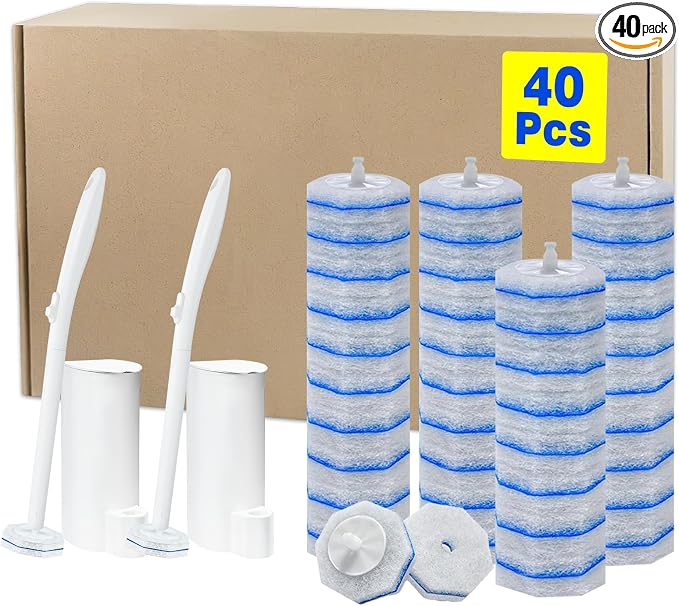 2 Disposable Toilet Brush and Holder Set, with 40 PCS Brush Head for Clorox | Compatible with Clorox Toilet Cleaning System ,Upgrade Fiber