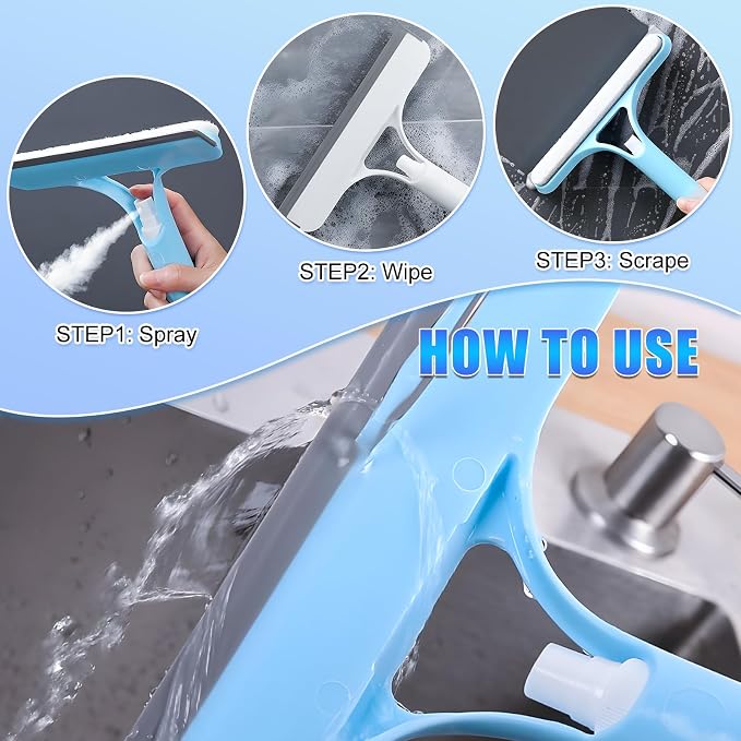 3 in 1 Window Cleaning Scraper, Cleaner Window Squeegee with Sprayer, Squeegee and Scrubber Spray Bottle Window Squeegee for Shower Glass, Mirrors, Car and Home,All-Purpose Window Cleaner Tool (Blue)