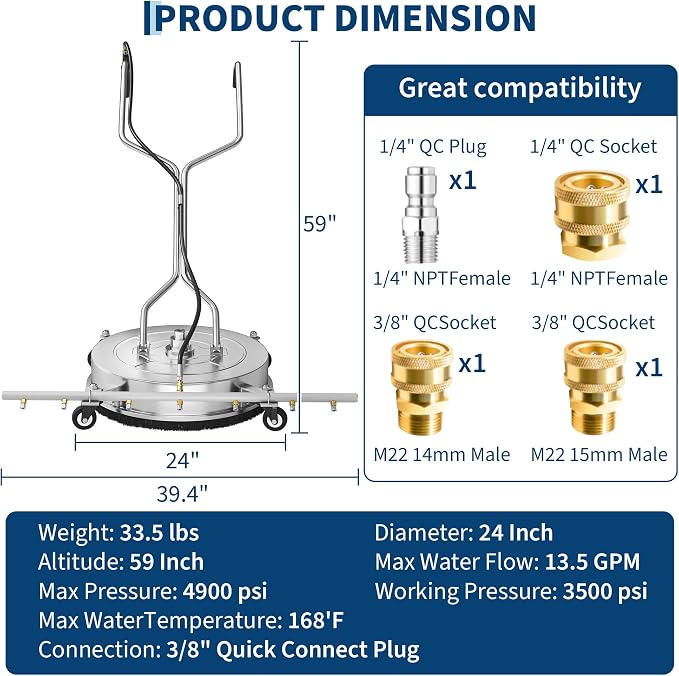 Garvee 24" Pressure Washer Surface Cleaner Mate with 7 Nozzles Water Broom, Stainless Steel Dual Handle Surface Cleaner for Concrete Driveway Sidewalk Deck Patio, 4900 PSI