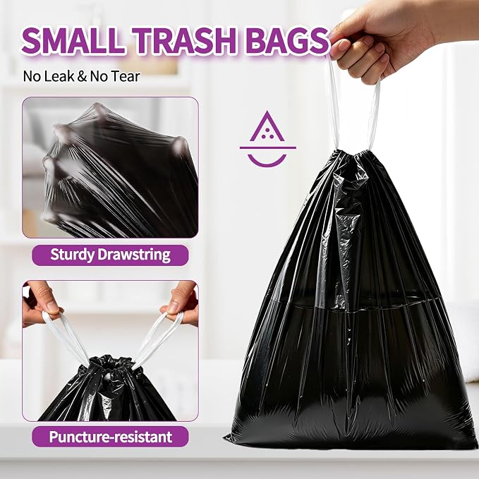 100 Count Small Drawstring Trash Bags, 8 Gallon (30L) Pre-separated Garbage Bags, Extra Thick Leak-proof Mini Wastebasket Liners for Bathroom, Office, Bedroom (Black)