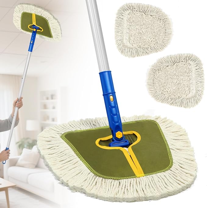SOBONNE Commercial Dust Mop for Floors Cleaning Heavy Duty | 61"Long Handle Floor Duster|2 Washable Wedge Cotton Mop Pads|Dry Mop Broom for Walls Cleaner,Hardwood,Tile,Vinyl|Green