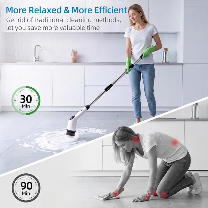 Electric Spin Scrubber Upgraded Cordless Power Cleaning Brush | IPX7 Waterproof, 3 Speed, 180-Minute Battery Life, with 8 Replaceable Heads and Adjustable Extension Handle and LED Display