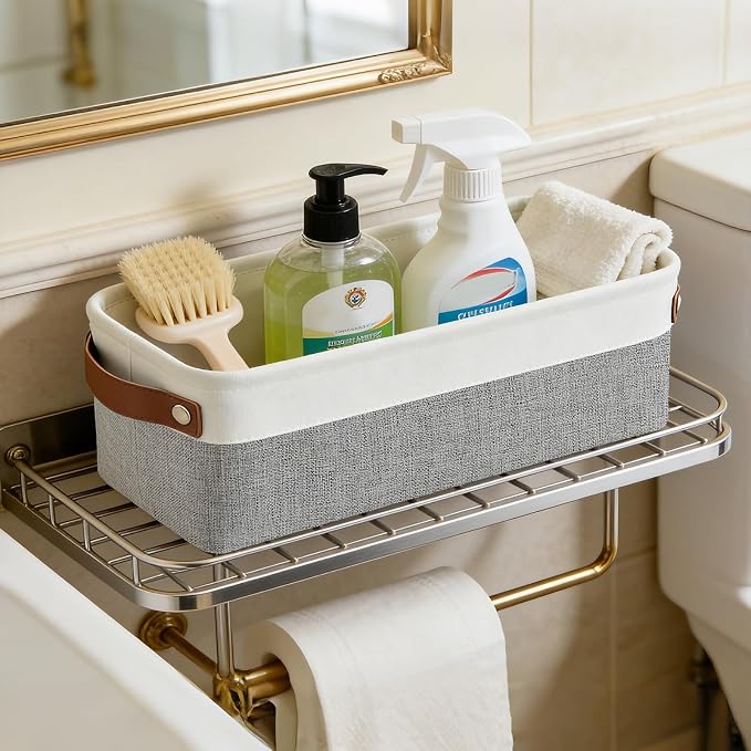 Small Fabric Storage Baskets, 15x6x5 inch Narrow Storage Bins 4-Pack Long Storage Basket for Organizing with Handles, Decorative Basket for Closets, Shelves, Toilet Paper, Grey