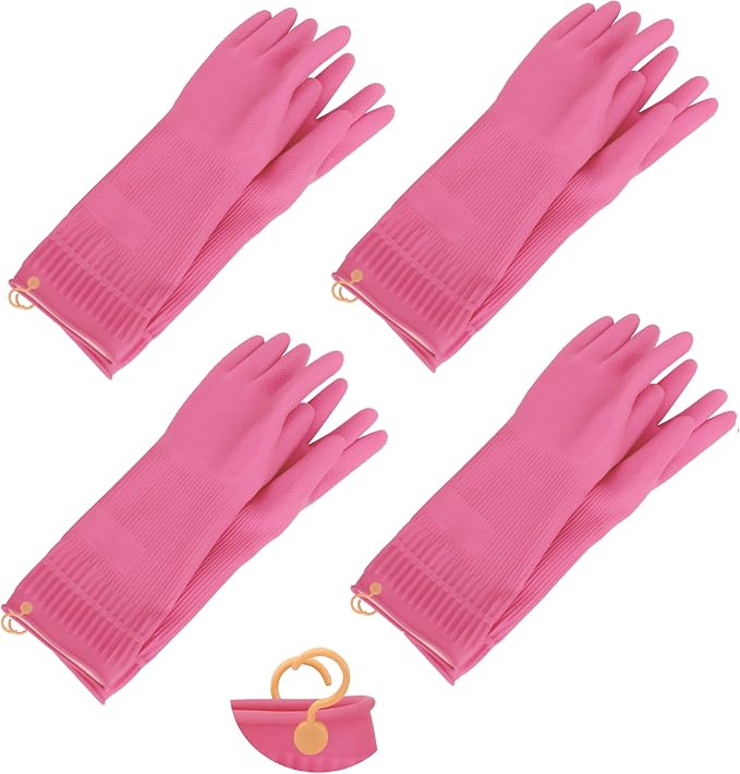 Myungjin Reusable Waterproof Non-Slip Dishwashing Household Cleaning Rubber Gloves with Hang-Dry Hook (4 Pairs/Large)
