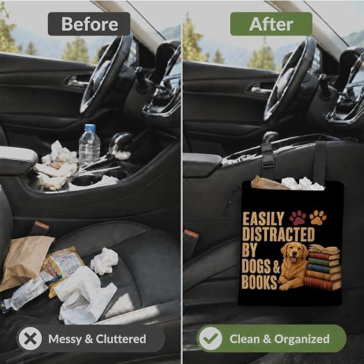 Golden Retriever Book Car Garbage Bag Canvas Trash Can | Easily Distracted by Dogs and Books Drawstring Car Trash Bag Hanging for Back Seat with Adjustable Buckle