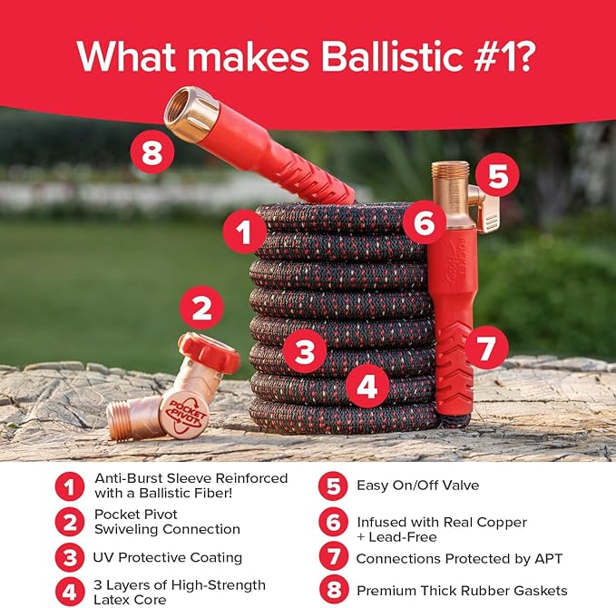 Pocket Hose Ballistic 75 FT Expandable Garden Hose, No-Kink, As Seen on TV | Anti-burst sleeve reinforced with bulletproof fiber, 360° swiveling pocket pivot connector, lightweight compact design