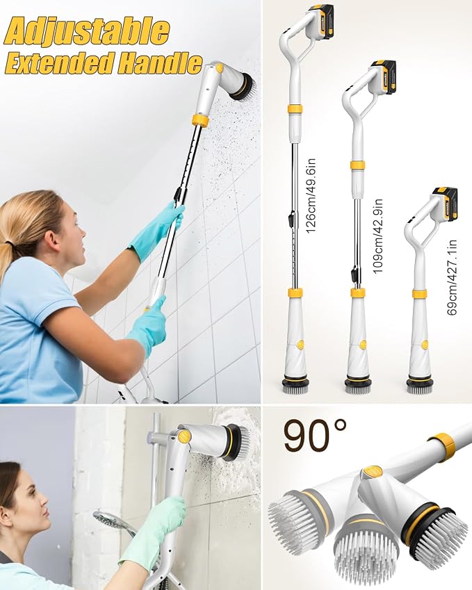 Qimedo Electric Spin Scrubber Q2, 4000mAh Battery, 1500RPM High Power | Floor Scrubber Machine with Long Handle, Cordless Cleaning Brush, 8 Brush Heads and Smart Display for Showers, Tubs and Tile