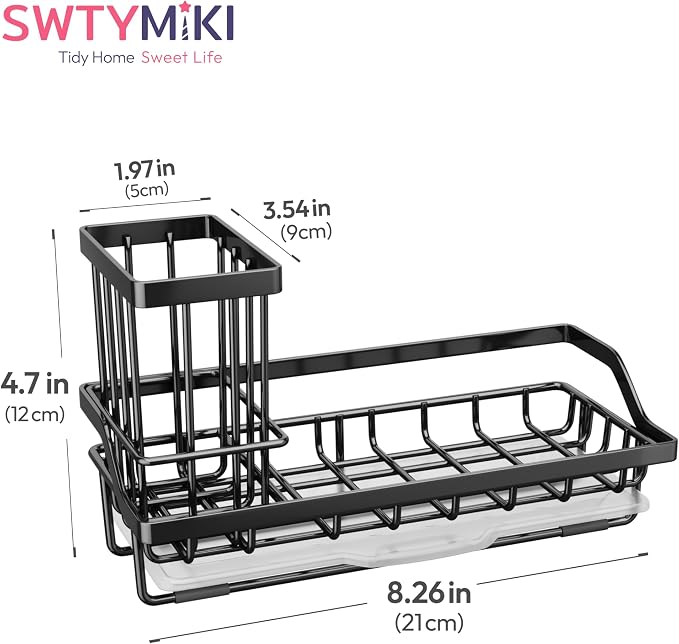 SWTYMIKI Sink Caddy Sponge Holder - Kitchen Sink Organizer with High Brush Holder for Countertop to Hold Dish Soaps and Sponges, Stainless Steel, Black (Pack of 2)