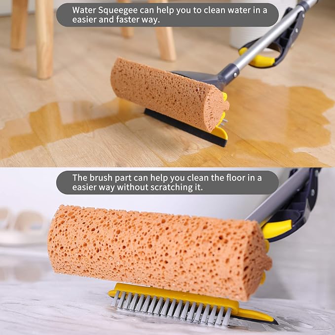 Yocada Sponge Mop Home Commercial Use Tile Floor Bathroom Garage Cleaning Total 2 Sponge Heads NOT 3 Telescopic Handle Squeegee from 42.5 to 52 Inches Easily Dry Wringing only 2 Heads (Pack of 2)