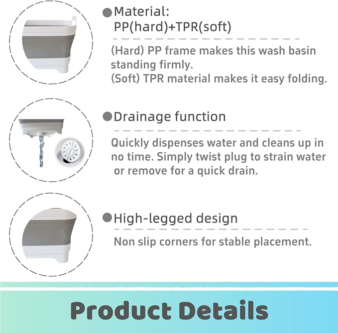 GIMWA Collapsible Wash Basin with Drain Plug - 2.4 Gallon Foldable Kitchen Sink for Baby Bottles, RV Camping, Space-Saving Dish Tub (Gray-Gray)