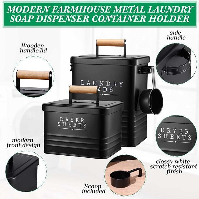 Yaocom 2 Pcs Laundry Pod Container with Dryer Sheet Holder Farmhouse Laundry Room Decor Organization and Storage Detergent Container Box with Lid Handle Metal Dryer Sheet Dispenser(Black)