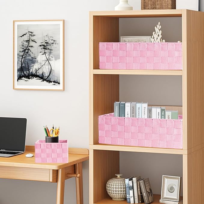 Set of 7 Nested Woven Cube Baskets, Drawer Organizers in Multi-sizes | Ribbon Checker Storage Bins for Organizing Desk, Dresser, Kitchen, Pantry